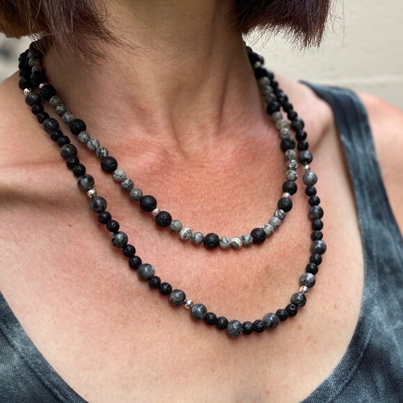 Two-strand natural stone & sterling silver beaded necklace (black/grey) - Picture 4 of 9